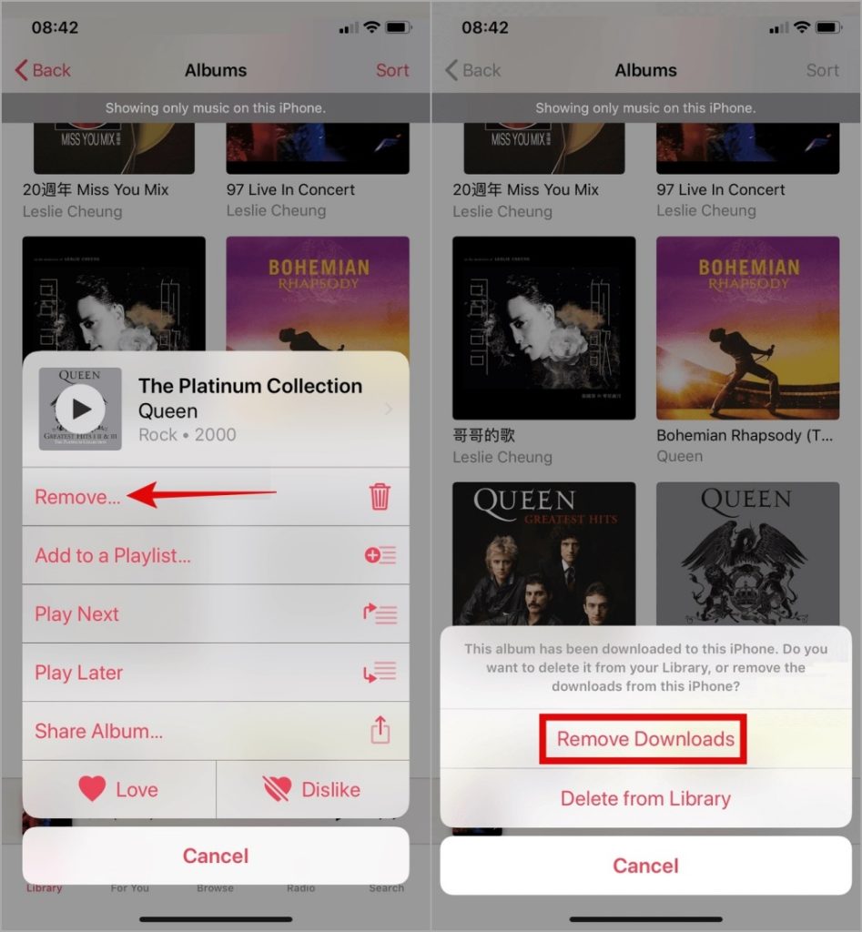 Удалить загрузки из Apple Music на iPhone