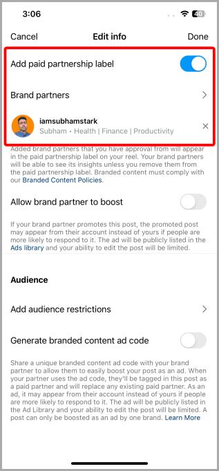 Удалить ярлык платного партнерства в Instagram на iOS