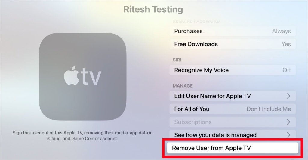 Удалить пользователя из Apple TV