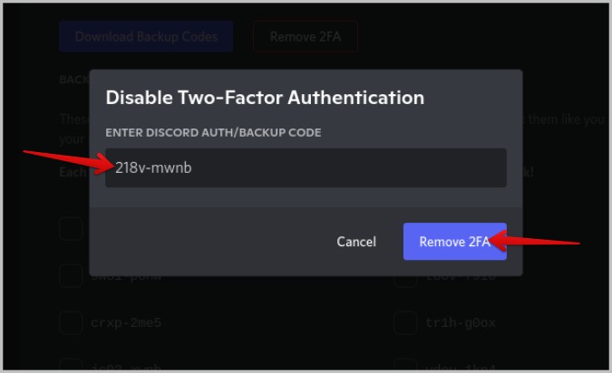 отключение двухфакторной аутентификации с резервным кодом в Discord