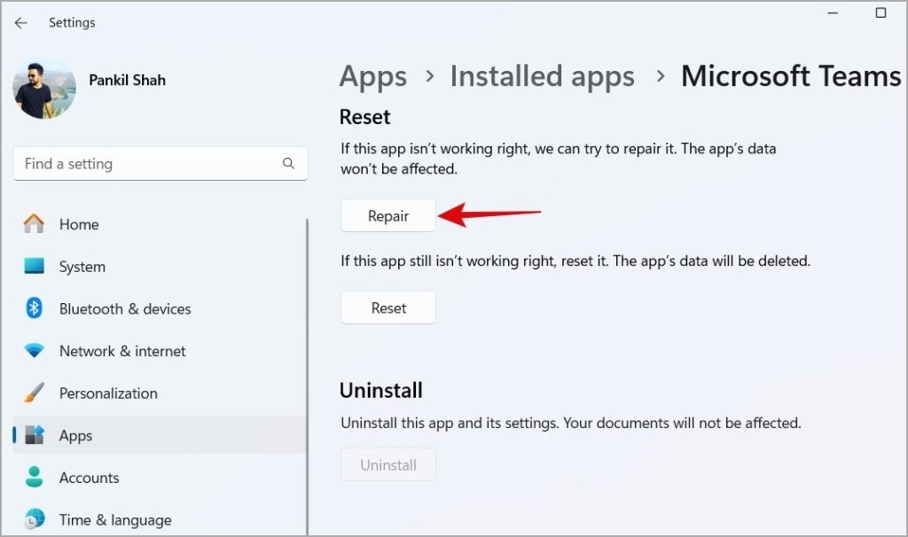 Восстановите или перезагрузите приложение Teams в Windows