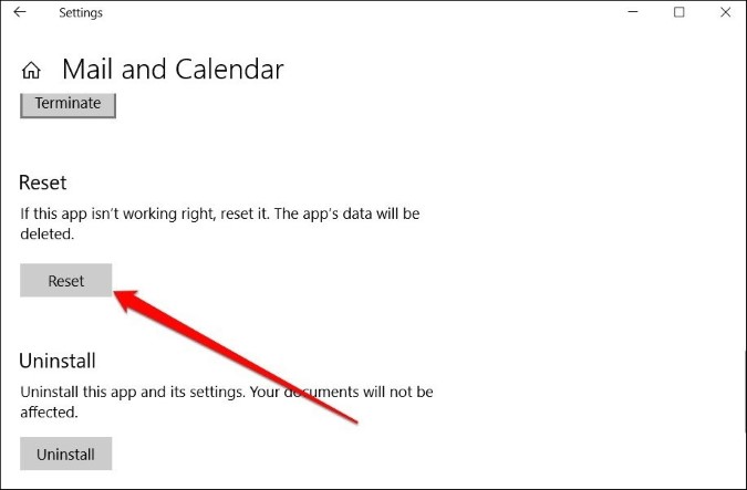 Сброс приложения «Почта и Календарь» в настройках Windows