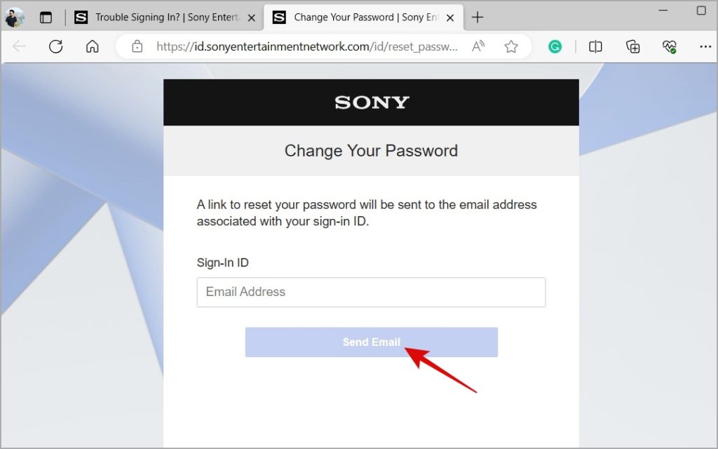 Ссылка на электронную почту для сброса пароля PSN