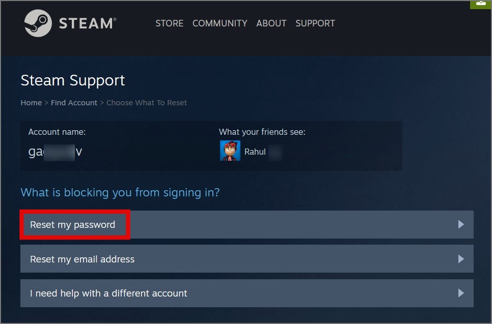 Сбросить пароль учетной записи Steam