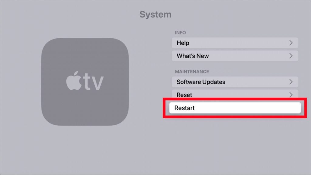 Опция перезагрузки на Apple TV