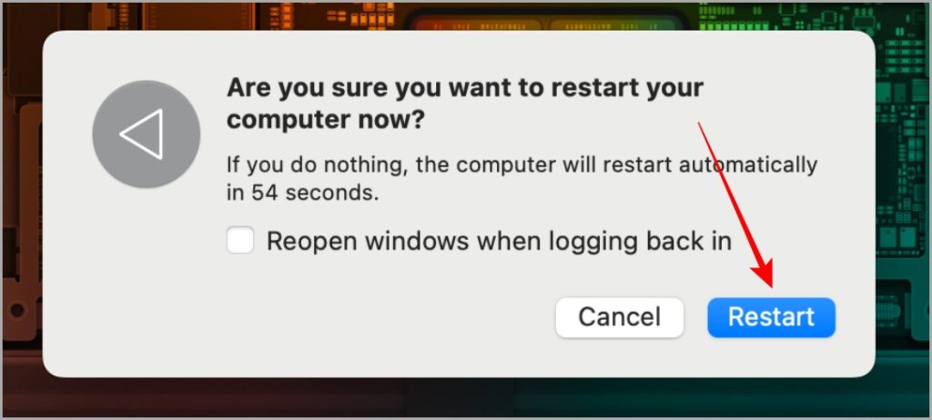 Всплывающее окно подтверждения перезапуска на Mac