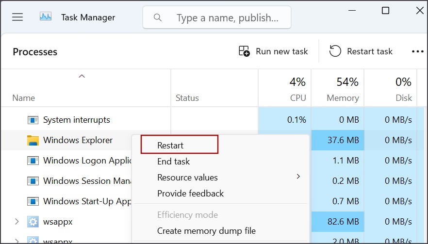 Перезапустите проводник Windows с помощью диспетчера задач.