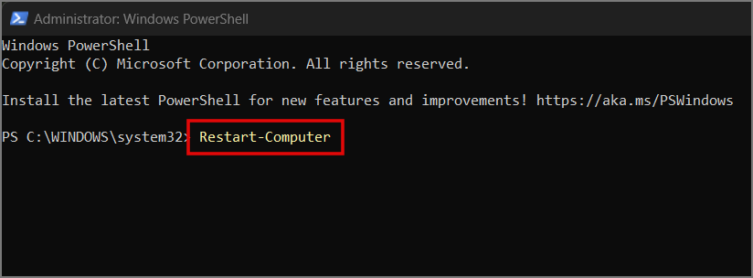 Перезагрузите Windows с помощью PowerShell.