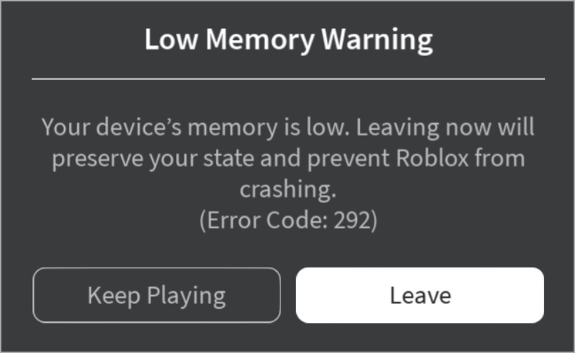 Ошибка предупреждения о нехватке памяти Roblox