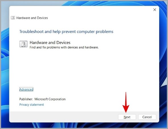 Запустите средство устранения неполадок оборудования и устройств в Windows 11.