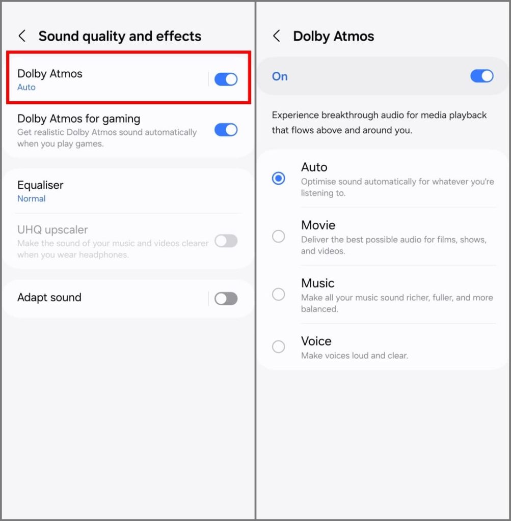 Настройки Dolby Atmos на Samsung Galaxy S24 под управлением OneUI 6.1
