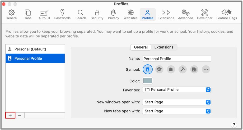 редактировать профили в Safari на Mac