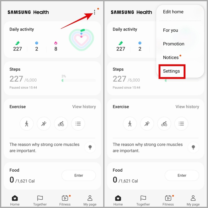 Настройки приложения Samsung Health на телефоне Galaxy