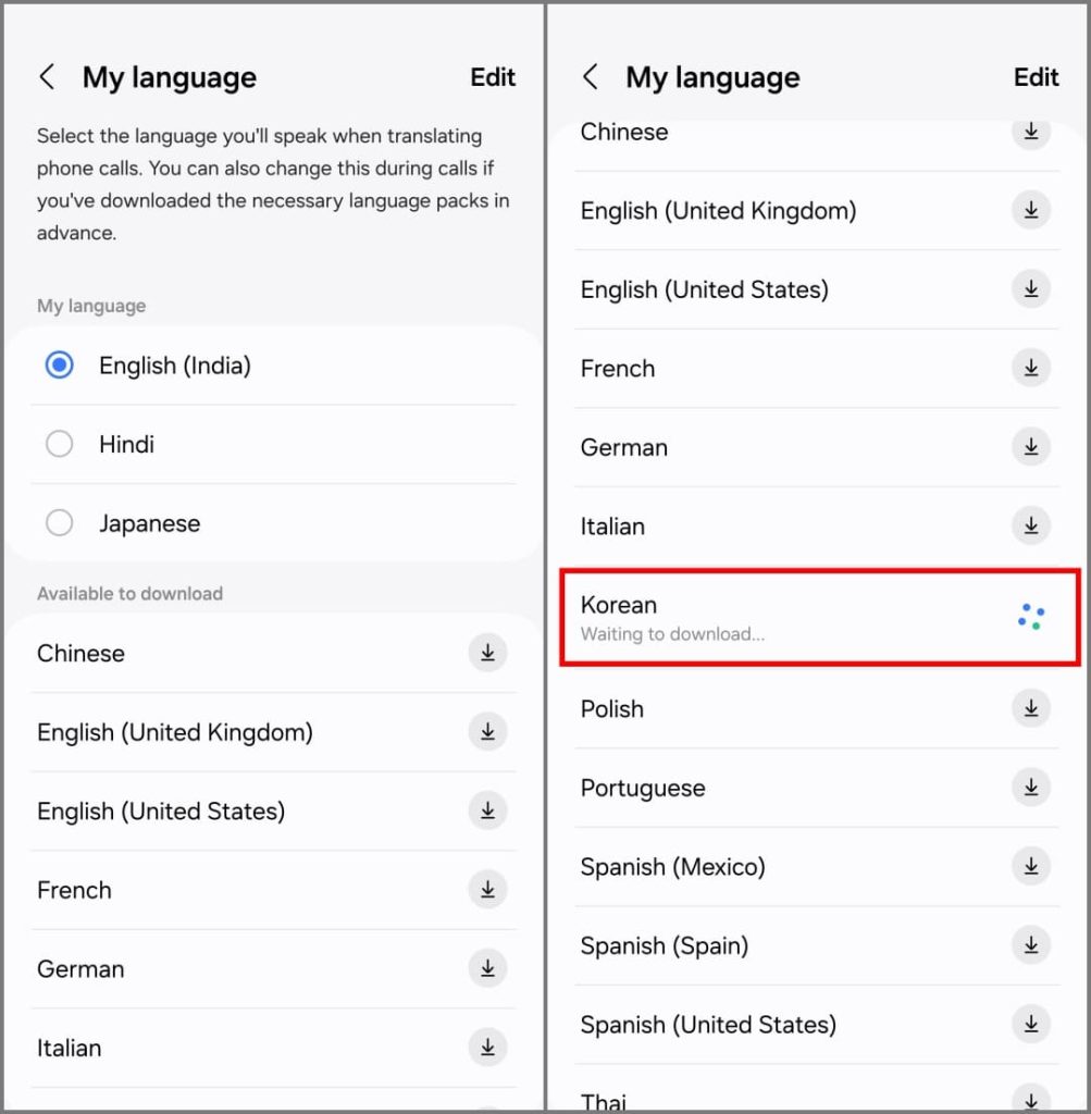 Загрузка языков для Live Call Translate на Galaxy S24