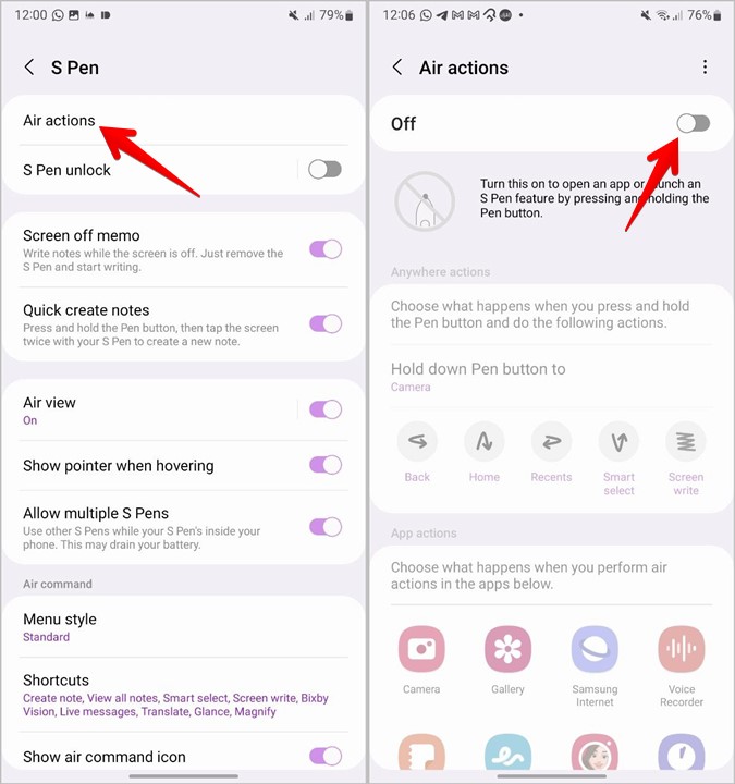 Включить действия пера S Pen Air для телефона Samsung