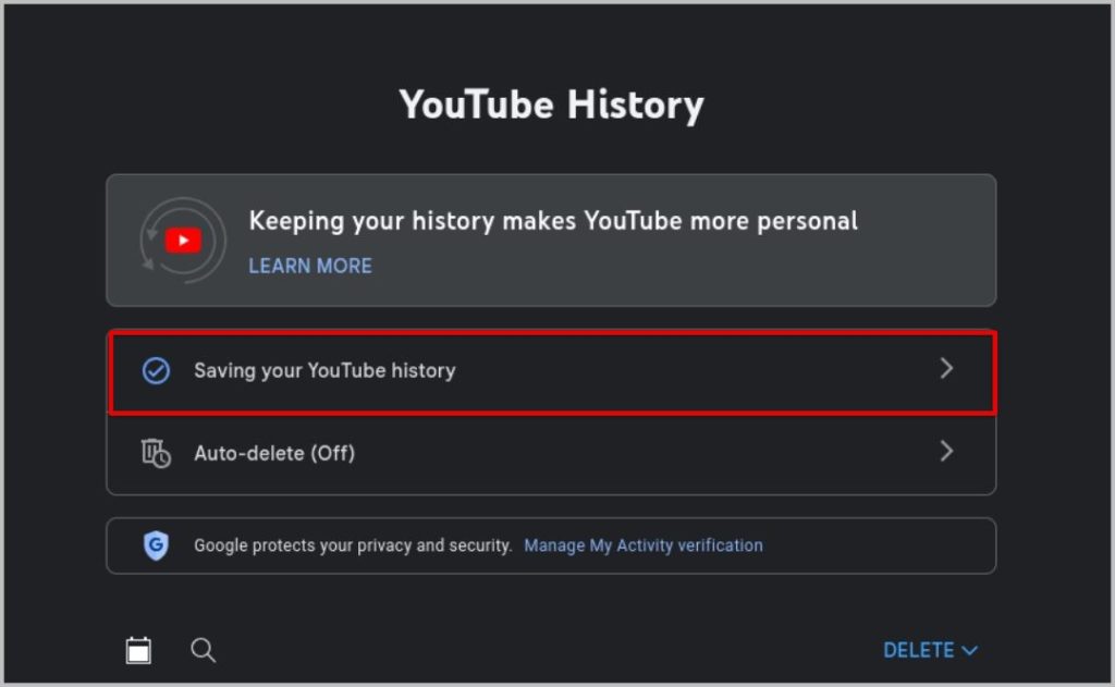 Сохранение истории YouTube на странице активности Google.