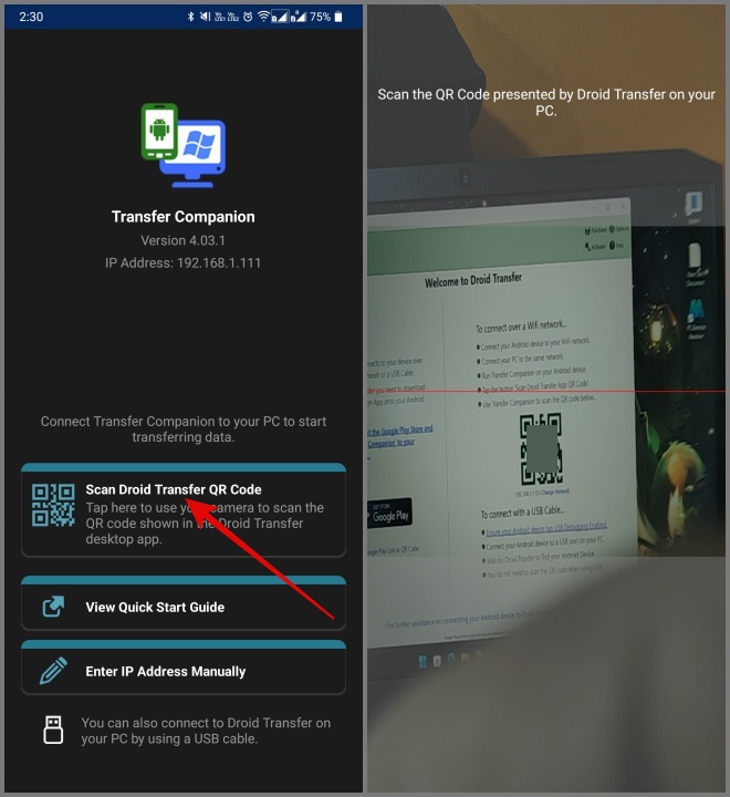 Сканируйте QR-код для подключения к Desktop Droid Transfer