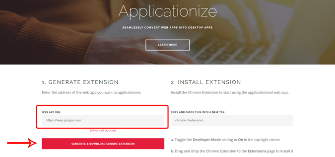 Использование веб-сайта Applicationize для преобразования веб-сайта Keep в приложение Chrome