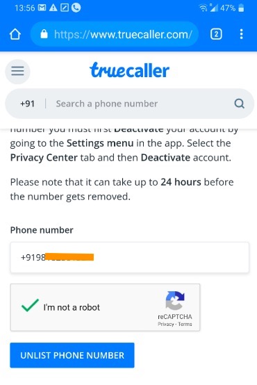 Страница удаления Truecaller из списка