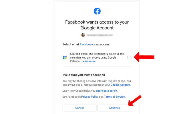 Предоставление разрешения Facebook на доступ к Календарю Google