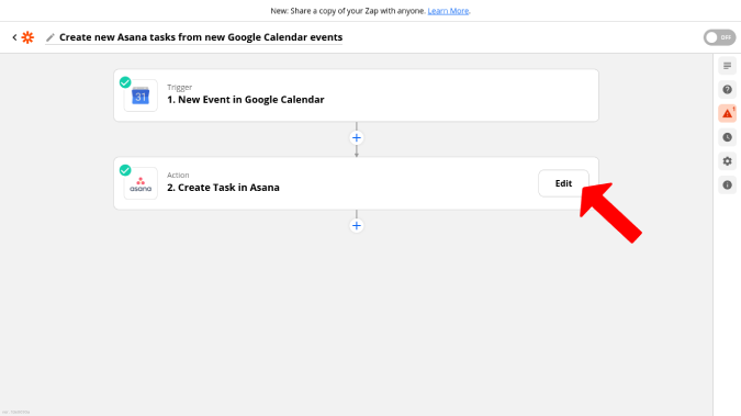 Открытие редактирования Asana в Zapier