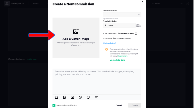 Добавление нового изображения обложки в качестве комиссии на DeviantArt.