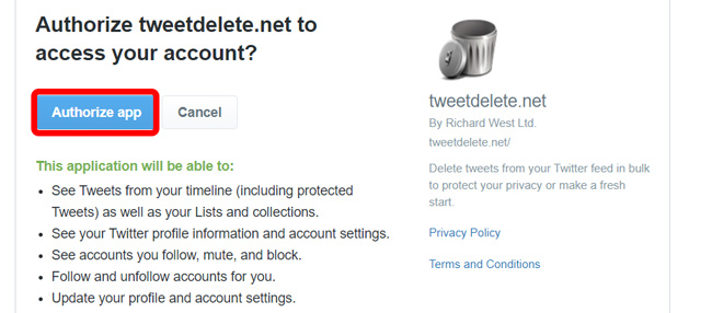 Авторизация приложения TweetDelete в Твиттере