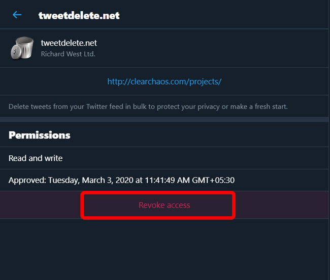 Отзыв доступа к TweetDelete в Твиттере