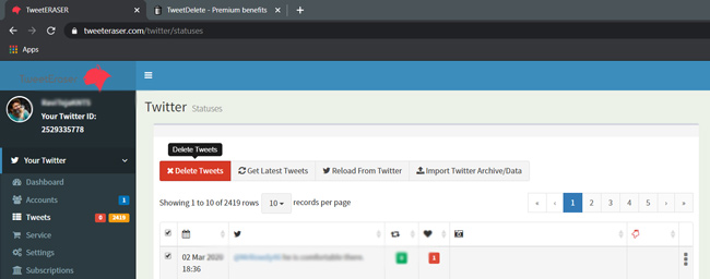 Удаление твитов с помощью twitter Eraser