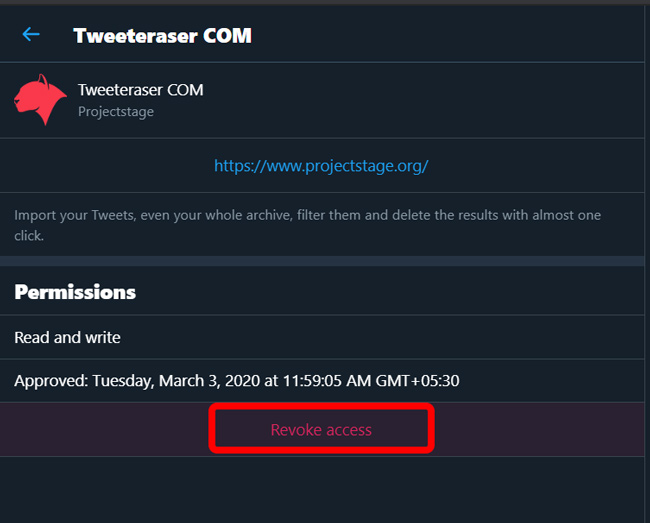 Отмена доступа к Tweet Eraser в Twitter