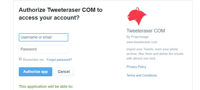 Авторизация приложения Tweet Eraser