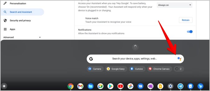 Снимок экрана Chromebook Включить Google Assistant