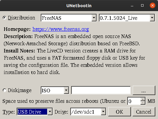 загрузка FreeNAS ISO в приложении unetbootin