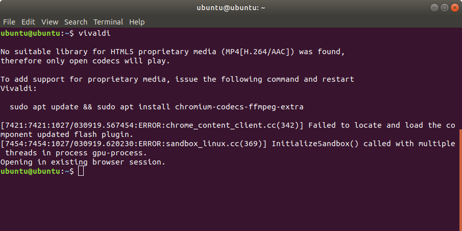 Команда vivaldi на терминале, чтобы найти команду проприетарного кодека
