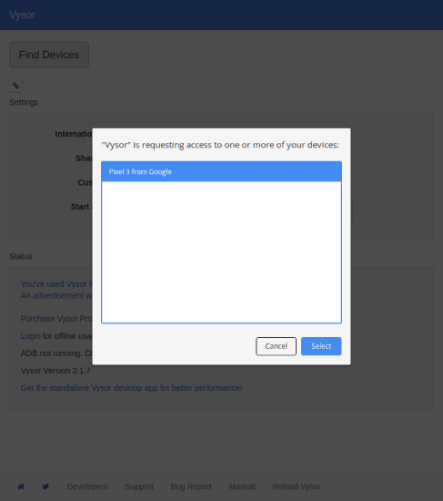 выберите устройство Pixel 3 в меню Vysor и нажмите «Выбрать»