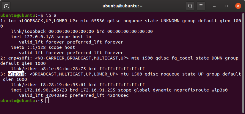 ip-команда, чтобы найти имя интерфейса в Ubuntu