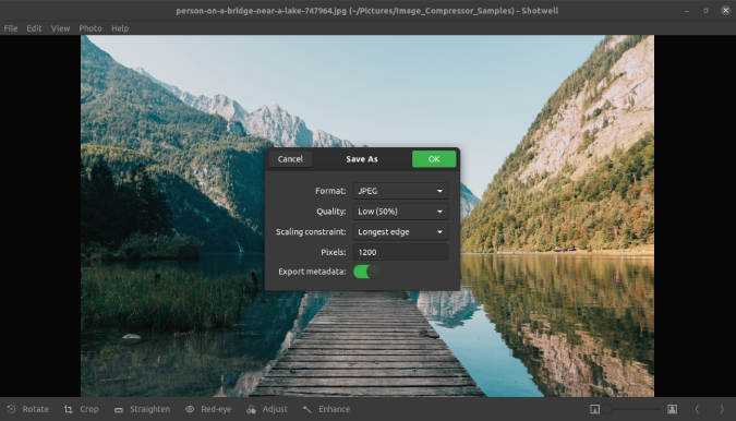 использование программы просмотра фотографий Shotwell для сжатия размера изображения