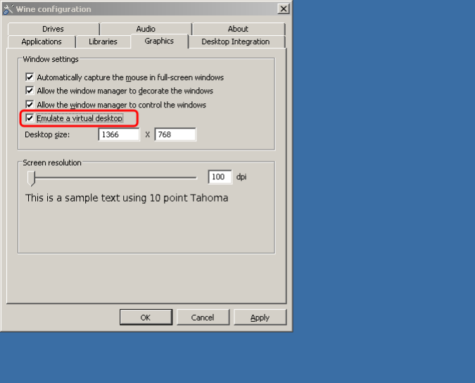 Winecfg-эмулировать-среду рабочего стола