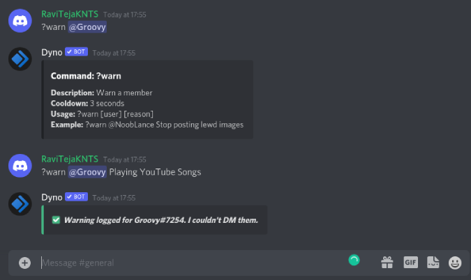 Предупреждает пользователя, использующего бота Dyno в Discord