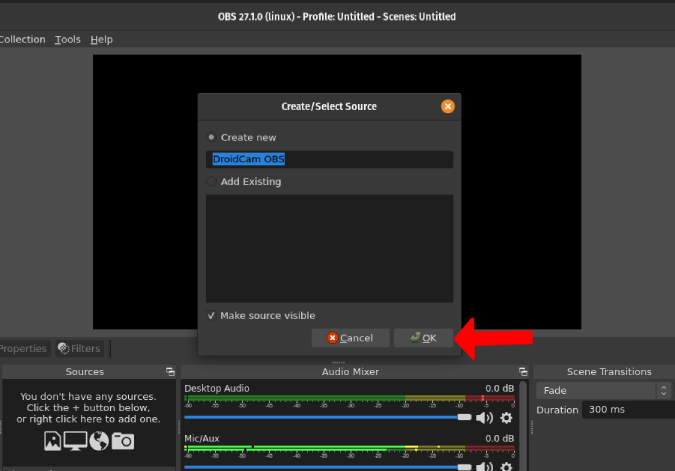 Создание нового экземпляра Droidcam OBS