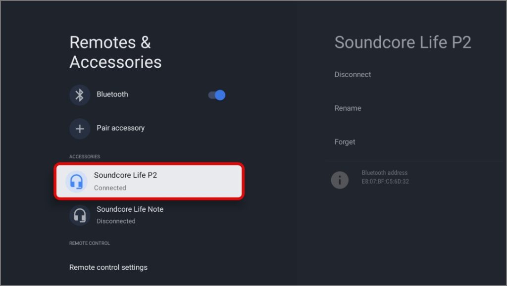 ранее подключенное аудиоустройство Bluetooth в Google TV