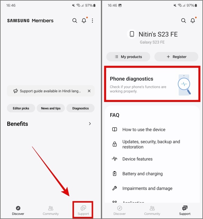 Диагностика телефона в приложении Samsung Members на телефоне Samsung Galaxy