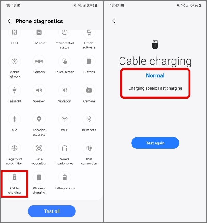Проверка состояния зарядки кабеля с помощью приложения Samsung Members на телефонах Samsung Galaxy