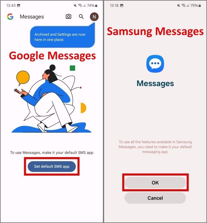 Создание приложения сообщений Google или Samsung в качестве приложения для обмена сообщениями по умолчанию в телефонах Samsung Galaxy