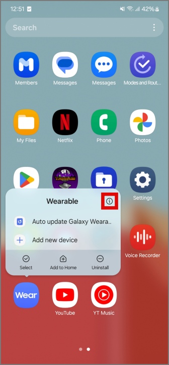 доступ к странице информации о приложении Wearable на телефонах Samsung Galaxy