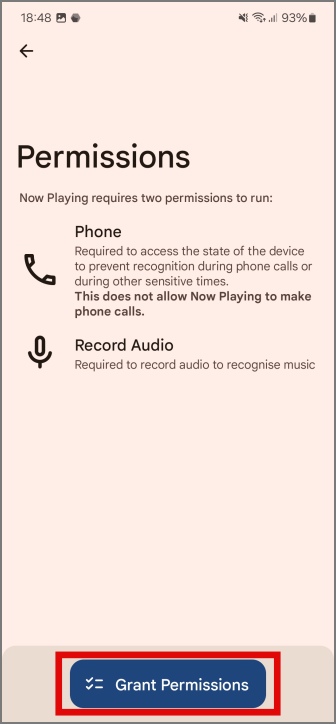 предоставление разрешений для телефона и записи звука в приложении «Сейчас исполняется»