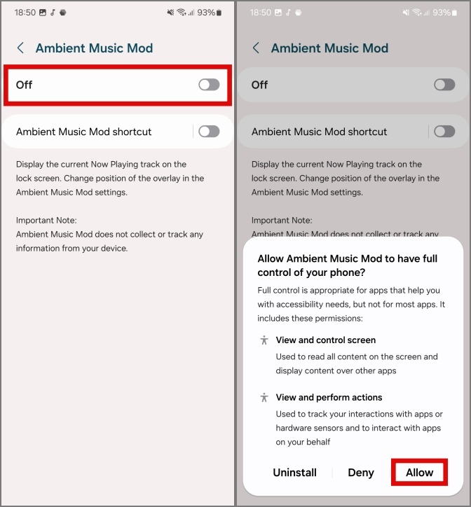предоставление разрешений на доступ для мода эмбиент-музыки в телефонах Samsung Galaxy