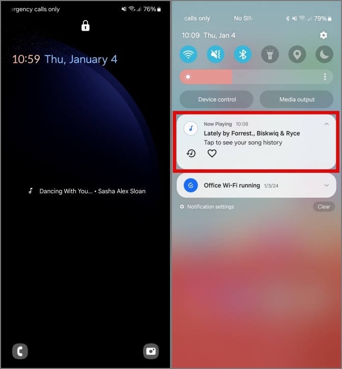 музыкальная дорожка, идентифицированная воспроизводимым приложением, отображается на экране блокировки и в тени уведомлений на телефонах Samsung Galaxy