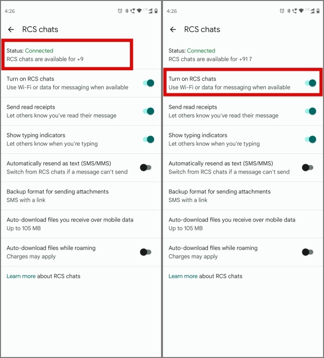 отключение чатов RCS для номера мобильного телефона и подключение другого номера в сообщениях Google на Android