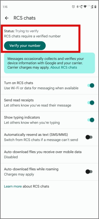 проверка вашего номера для включения чатов RCS в сообщениях Google на Android